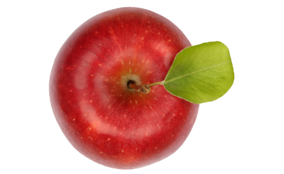 Roter Apfel von oben mit grüner Blattachse.